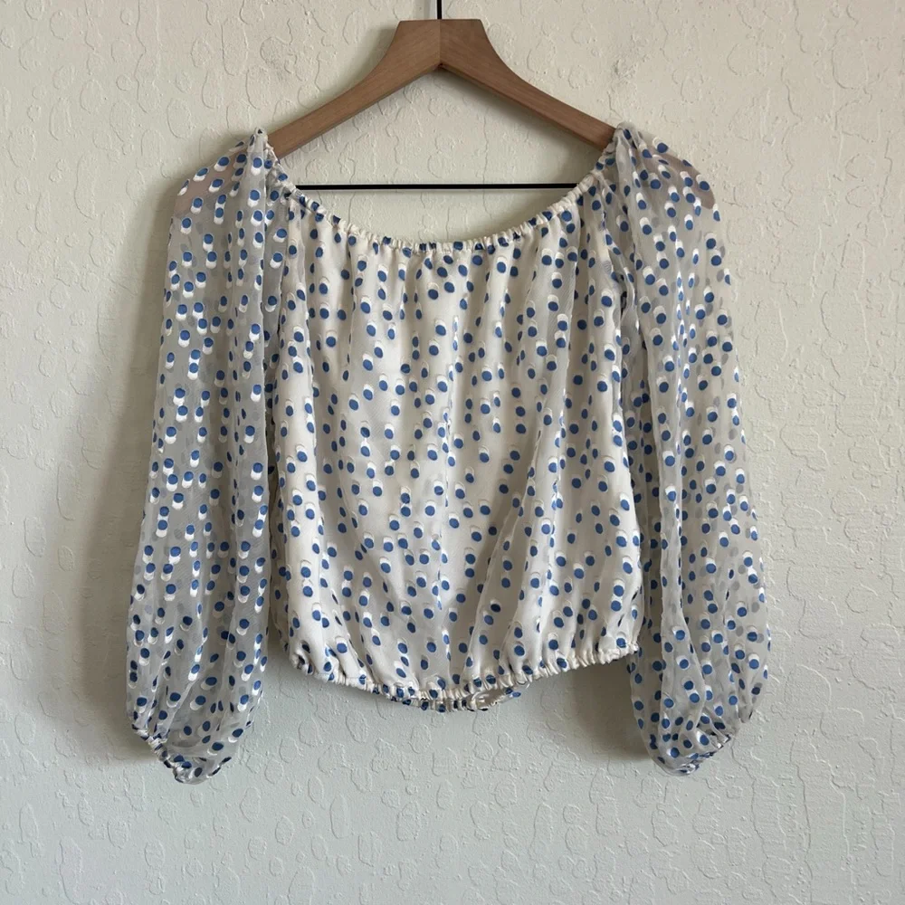 Lovers + Friends Oh Girl Off The Shoulder Sheer Sleeve Blouse Small Polka Dot